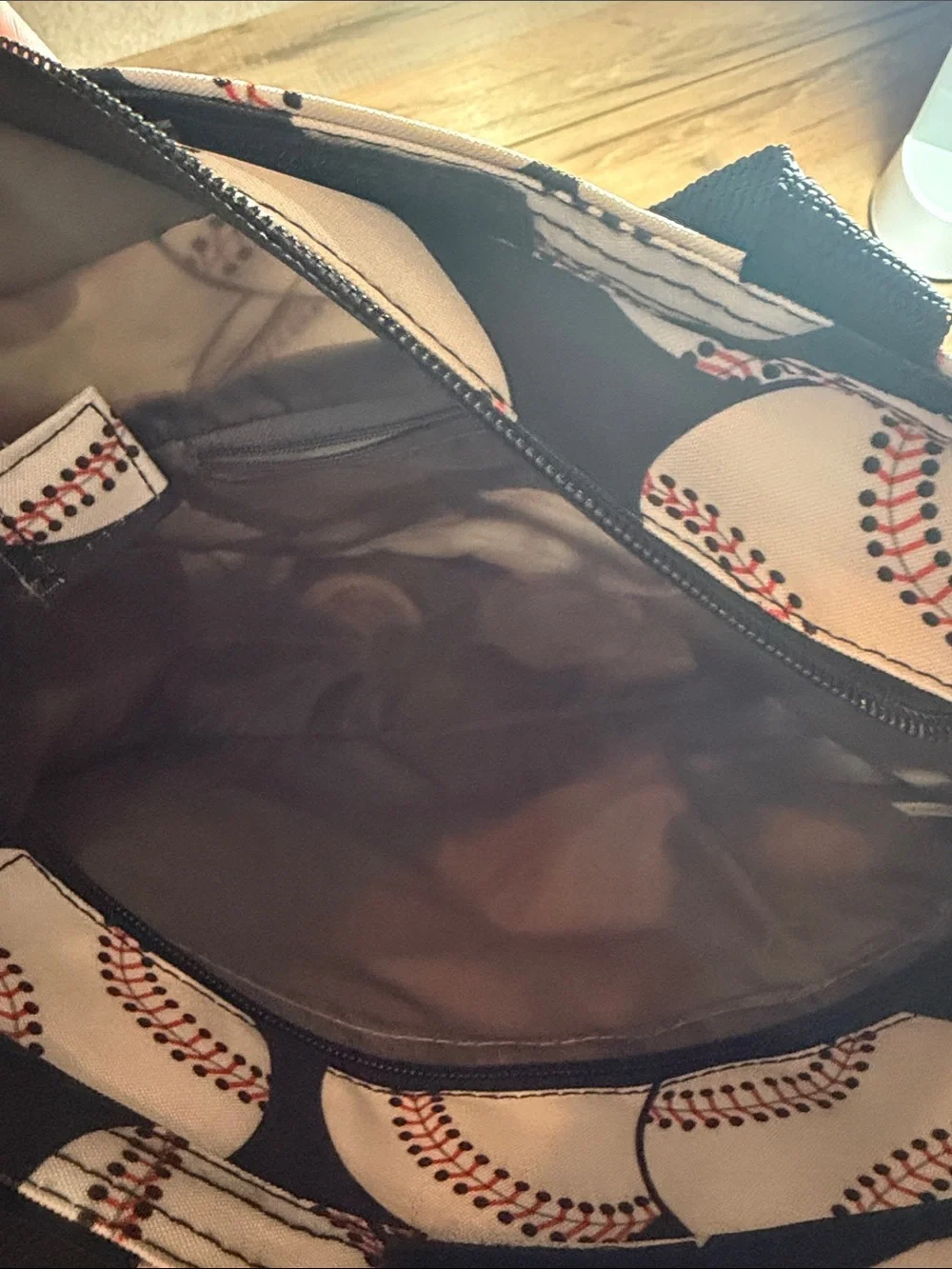Baseball Print C Tote - Black & White with Red Stitching